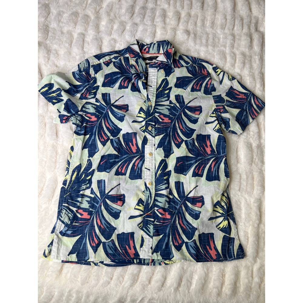 Tommy Hilfiger Mens Custom Fit Tropical Palm Leaf Print Button Down Shirt Medium